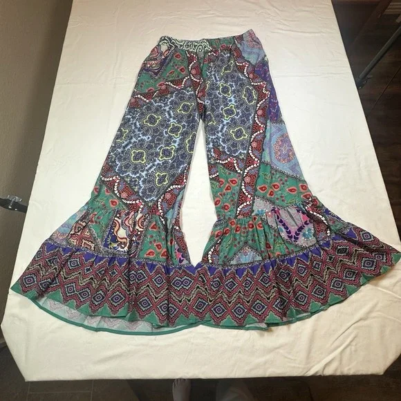 Umgee Patchwork Wide Legs Ruffle Hem Boho Festival Hippie Women's Pants Size M - Picture 4 of 12